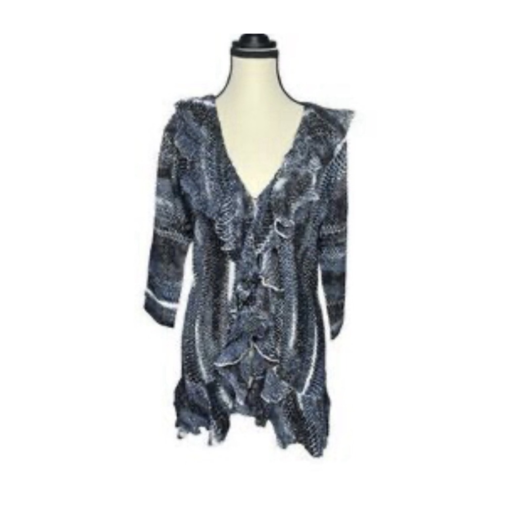 VTG 90s Y2K Alberto‎ Makali Open Front Draped Ruffled Cardigan Blue White Size L